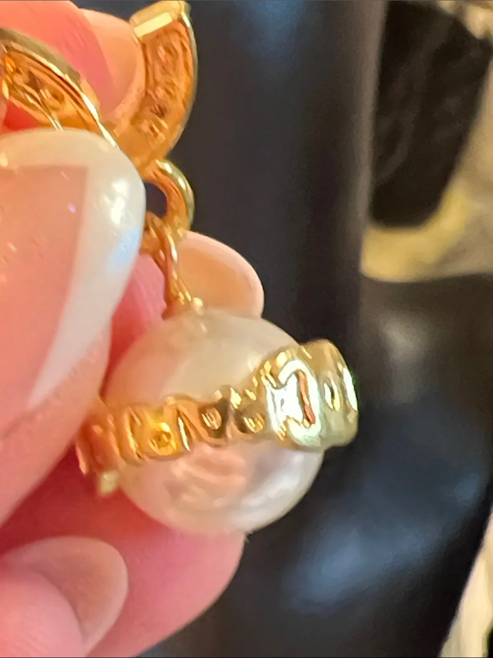 Gold Crystal Logo Pearl Drop Earrings - Picture 6 of 9